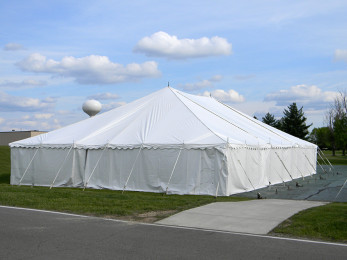Pole tents can come in many different shapes and sizes, but are more traditionally seen in a rectangular outlay with a triangular profile.
