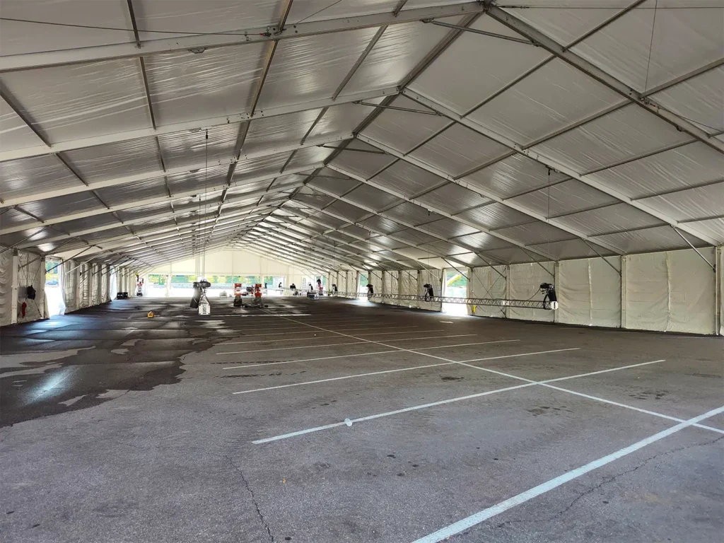 Interior view of a large clearspan structure installed over a parking lot for Boston Scientific.